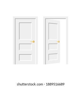 White Door. Doorway Concept. Open And Close Door Isolated On White Background. Building And Room Entrance Element Mockup. Vector Illustration