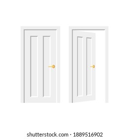 White door. Entrance or exit. Doorway concept. Open and close door isolated on white background. Building and room entrance element mockup. Vector illustration