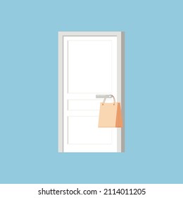 White door. Entrance or exit. Doorway concept. Flat style. Vector illustration. Paper bag at front door. 