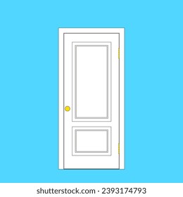 White door with a golden round handle. Interior or entrance door on hinges with a white door box. Vector illustration.