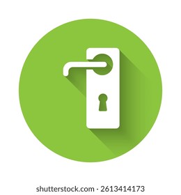 White Door handle icon isolated with long shadow. Door lock sign. Green circle button. Vector Illustration