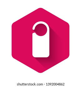 White Door hanger tags for room in hotel or resort icon isolated with long shadow. Please do not disturb sign. Pink hexagon button. Vector Illustration