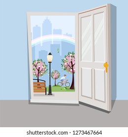 White door inside house with view of urban landscape.Outside blooming pink trees skyscrapers silhouettes and rainbow. Spring cityscape with bench, lantern and cyclist. Flat cartoon vector illustration