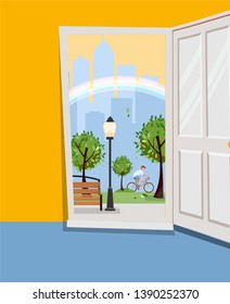 White door inside house with view of urban landscape.Outside park with green trees, skyscrapers silhouettes, rainbow. Summer cityscape with bench, lantern and cyclist.Flat cartoon vector illustration