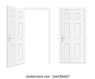 White door open and closed, vector realistic 3d objects. Home entrance wooden or plastic door in frame with silver metal handle doorknob and keyhole, house interior design element