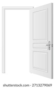 A white door with a silver handle is open