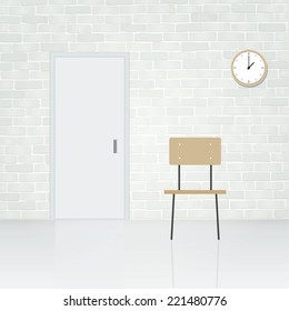 White Door, Wooden Chair And Clock In White Room Space With Brick Wall Texture. Vintage Interior Background For Design And Decoration.