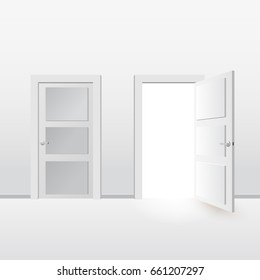 White doors closed and open. Isolated on gray background. Vector illustration in flat style design.