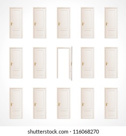 Lot of white doors and one open. Vector design.