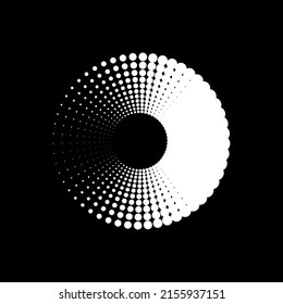 Medio tono del logotipo del círculo de puntos blancos en el fondo negro. Ilustración vectorial.