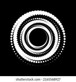 Medio tono del logotipo del círculo de puntos blancos en el fondo negro. Ilustración vectorial.