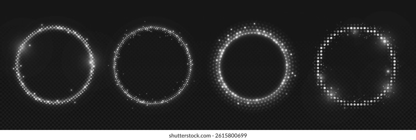 White dot circles set isolated on transparent background. Vector realistic illustration of round shining light spot frames, abstract sparkling borders for retro disco party, holiday celebration banner