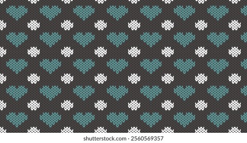 White dot and green heart on grey knitted design, Festive Sweater Design. Seamless Knitted Pattern