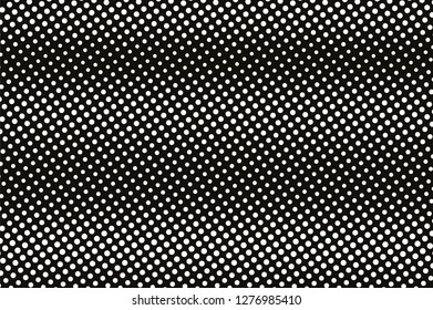 White dot on black halftone vector texture. Horizontal dotted gradient. Oversized dotwork surface for vintage effect. Monochrome halftone overlay. Perforated retro background. Ink dot texture card