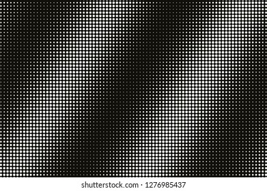 White dot on black halftone vector texture. Diagonal dotted gradient. Striped dotwork surface for vintage effect. Monochrome halftone overlay. Perforated retro background. Ink dot texture card