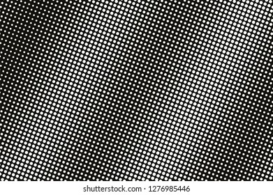 White dot on black halftone vector texture. Diagonal dotted gradient. Perforated dotwork surface for vintage effect. Monochrome halftone overlay. Perforated retro background. Ink dot texture card