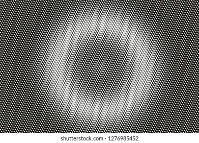 White dot on black halftone vector texture. Round dotted gradient. Circular dotwork surface for vintage effect. Monochrome halftone overlay. Perforated retro background. Ink dot texture card