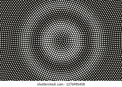White dot on black halftone vector texture. Centered dotted gradient. Rough dotwork surface for vintage effect. Monochrome halftone overlay. Perforated retro background. Ink dot texture card