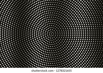 White dot on black halftone vector texture. Diagonal dotted gradient. Circular dotwork surface for vintage effect. Monochrome halftone overlay. Perforated retro background. Ink dot texture card