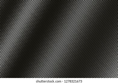 White dot on black halftone vector texture. Diagonal dotted gradient. Striped dotwork surface for vintage effect. Monochrome halftone overlay. Perforated retro background. Ink dot texture card