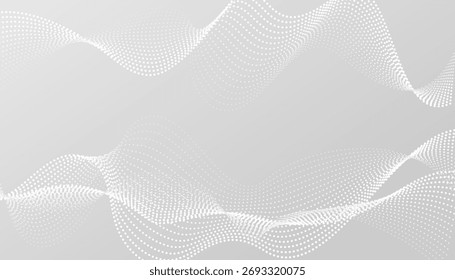 Fondo de onda de punto blanco para el tablero de AI y el análisis de datos. Textura suave de tecnología de semitono con flujo digital y líneas de movimiento futuristas. Malla abstracta de Vector sobre fondo gris claro	
