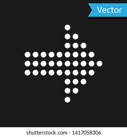 White Dots arrow icon isolated on black background. Halftone arrow. Dotted arrow sign.  Vector Illustration