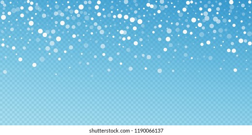 White dots Christmas background. Subtle flying snow flakes and stars on blue transparent background. Beauteous winter silver snowflake overlay template. Precious vector illustration.