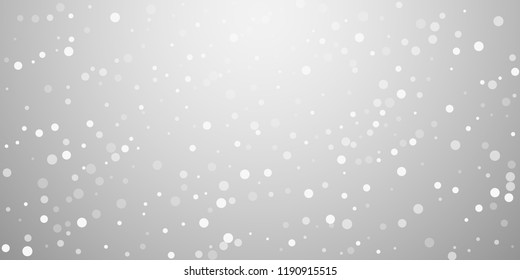 White dots Christmas background. Subtle flying snow flakes and stars on light grey background. Awesome winter silver snowflake overlay template. Brilliant vector illustration.