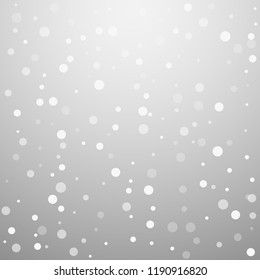 White dots Christmas background. Subtle flying snow flakes and stars on light grey background. Alive winter silver snowflake overlay template. Good-looking vector illustration.