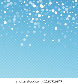 White dots Christmas background. Subtle flying snow flakes and stars on blue transparent background. Alive winter silver snowflake overlay template. Radiant vector illustration.