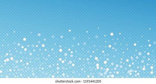White dots Christmas background. Subtle flying snow flakes and stars on blue transparent background. Beautiful winter silver snowflake overlay template. Bewitching vector illustration.