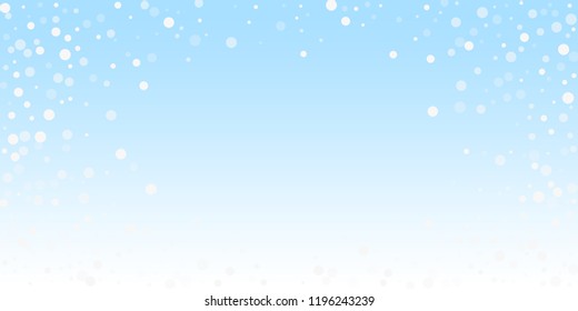 White dots Christmas background. Subtle flying snow flakes and stars on winter sky background. Bewitching winter silver snowflake overlay template. Classic vector illustration.