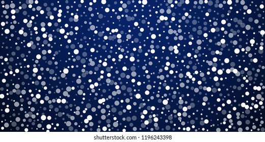 White dots Christmas background. Subtle flying snow flakes and stars on dark blue night background. Beautiful winter silver snowflake overlay template. Imaginative vector illustration.