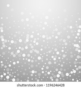White dots Christmas background. Subtle flying snow flakes and stars on light grey background. Alluring winter silver snowflake overlay template. Pretty vector illustration.