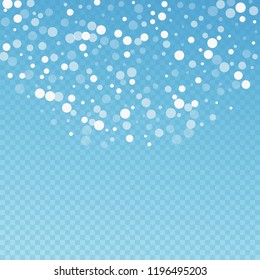 White dots Christmas background. Subtle flying snow flakes and stars on blue transparent background. Amazing winter silver snowflake overlay template. Extra vector illustration.