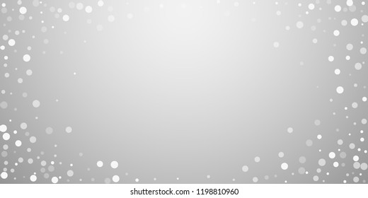 White dots Christmas background. Subtle flying snow flakes and stars on light grey background. Bewitching winter silver snowflake overlay template. Wonderful vector illustration.