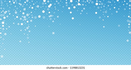 White dots Christmas background. Subtle flying snow flakes and stars on blue transparent background. Awesome winter silver snowflake overlay template. Magnetic vector illustration.