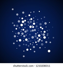 White dots Christmas background. Subtle flying snow flakes and stars on dark blue night background. Bewitching winter silver snowflake overlay template. Overwhelming vector illustration.