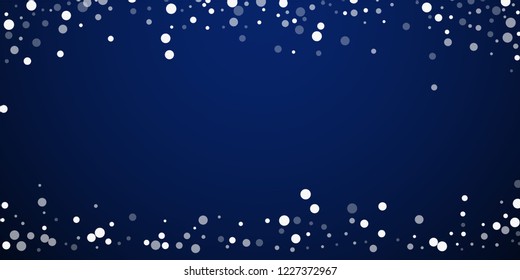 White dots Christmas background. Subtle flying snow flakes and stars on dark blue night background. Authentic winter silver snowflake overlay template. Nice vector illustration.