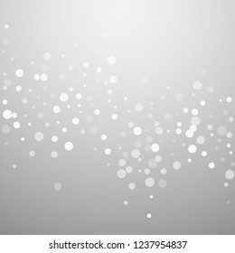 White dots Christmas background. Subtle flying snow flakes and stars on light grey background. Bizarre winter silver snowflake overlay template. Remarkable vector illustration.