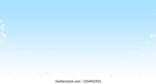 White dots Christmas background. Subtle flying snow flakes and stars on winter sky background. Authentic winter silver snowflake overlay template. Delightful vector illustration.