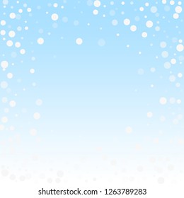 White dots Christmas background. Subtle flying snow flakes and stars on winter sky background. Beauteous winter silver snowflake overlay template. Cute vector illustration.