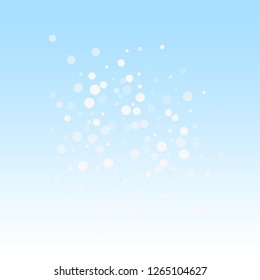 White dots Christmas background. Subtle flying snow flakes and stars on winter sky background. Beauteous winter silver snowflake overlay template. Indelible vector illustration.
