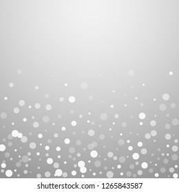 White dots Christmas background. Subtle flying snow flakes and stars on light grey background. Alluring winter silver snowflake overlay template. Grand vector illustration.