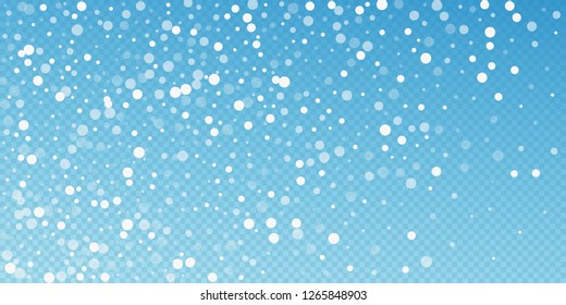 White dots Christmas background. Subtle flying snow flakes and stars on blue transparent background. Beautiful winter silver snowflake overlay template. Fetching vector illustration.