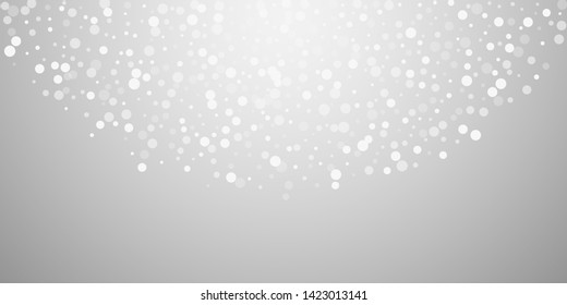 White dots Christmas background. Subtle flying snow flakes and stars on light grey background. Beautiful winter silver snowflake overlay template. Optimal vector illustration.