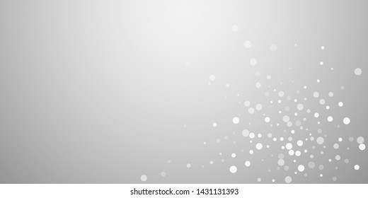 White dots Christmas background. Subtle flying snow flakes and stars on light grey background. Astonishing winter silver snowflake overlay template. Admirable vector illustration.