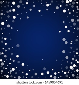 White dots Christmas background. Subtle flying snow flakes and stars on dark blue night background. Amusing winter silver snowflake overlay template. Actual vector illustration.