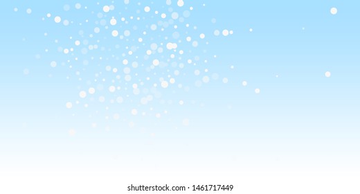 White dots Christmas background. Subtle flying snow flakes and stars on winter sky background. Attractive winter silver snowflake overlay template. Bewitching vector illustration.