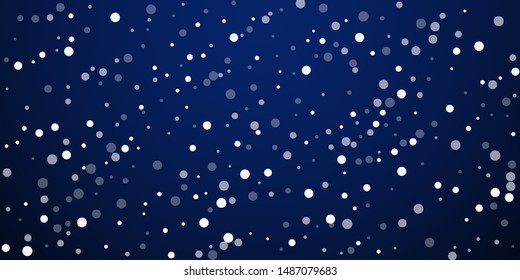 White dots Christmas background. Subtle flying snow flakes and stars on dark blue night background. Awesome winter silver snowflake overlay template. Breathtaking vector illustration.